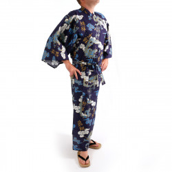 Japanese traditional blue navy cotton yukata kimono dragon cloud and kanji for men