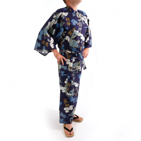 japanischer herren blauer Yukata – Kimono, KUMORYÛ, Drachen, Wolken und Kanji