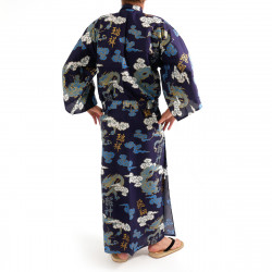 Japanese traditional blue navy cotton yukata kimono dragon cloud and kanji for men