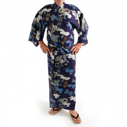 yukata kimono japonés algodón azul, KUMORYÛ, dragones, nubes y kanji