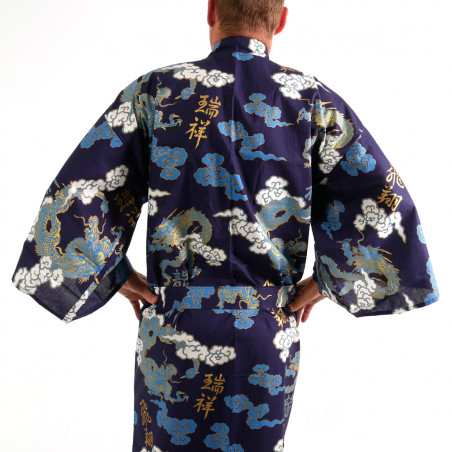 japanischer herren blauer Yukata – Kimono, KUMORYÛ, Drachen, Wolken und Kanji