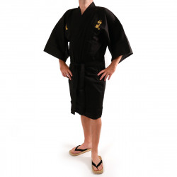 Japanese traditional black cotton shantung happi coat kimono gold kanji kamikaze for men