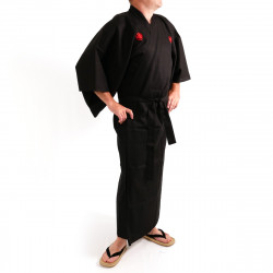 Kimono giapponese nero in cotone fine, SAMURAI, kanji