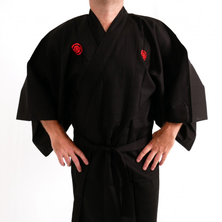 Japanese black kimono in cotton shantung samuraï kanji for men