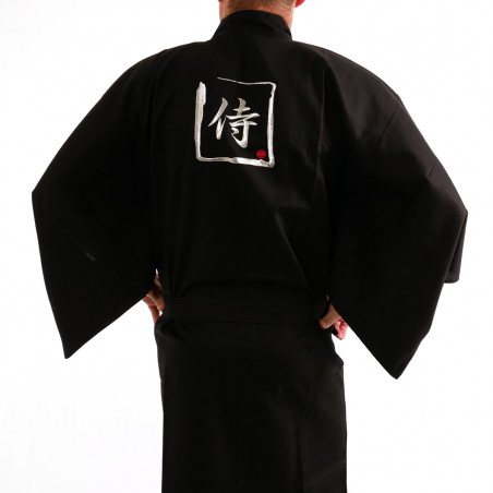 Kimono noir kanji argent samuraï coton shantung japonais pour homme