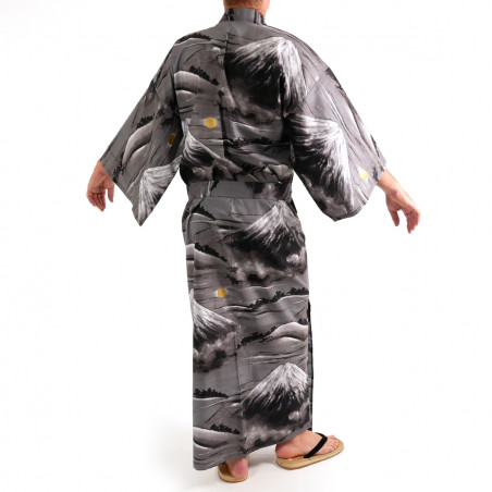 kimono yukata giapponese nero  in cotone, FUJI, Monte Fuji