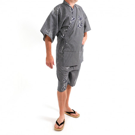 giapponese blu-grigio cotone jinbei kimono, KANJI, gioia kanji e di buon auspicio