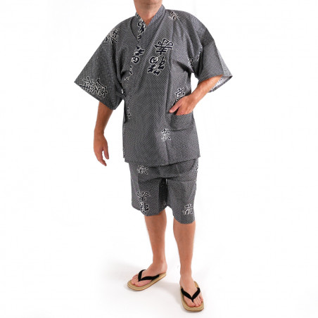 giapponese blu-grigio cotone jinbei kimono, KANJI, gioia kanji e di buon auspicio