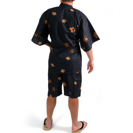 Jinbei kimono giapponese nero in cotone, DIAMOND, diamante e kanji