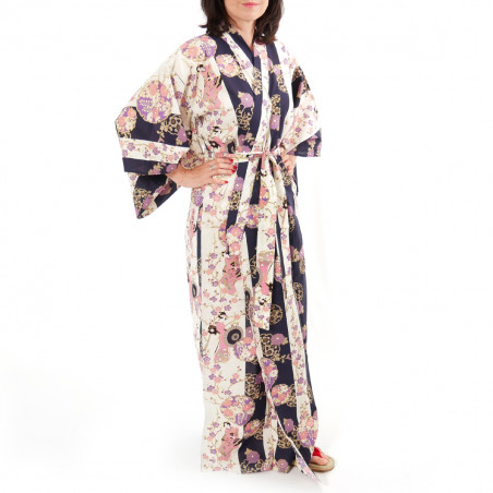 kimono yukata traditionnel japonais bleu en coton beautés geisha sur fond rayé pour femme