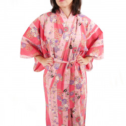 kimono yukata traditionnel japonais rose en coton beautés geisha sur fond rayé pour femme