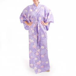 Kimono Yukata Púrpura Japonés En Algodón, SAKURAGUMO, flores de cerezo y nubes