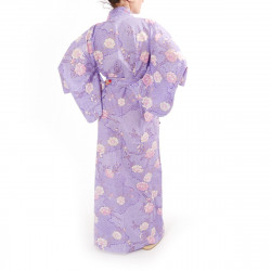 Kimono Yukata Púrpura Japonés En Algodón, SAKURAGUMO, flores de cerezo y nubes