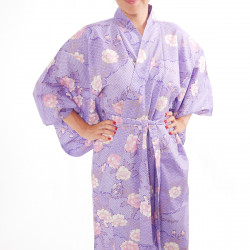 kimono yukata traditionnel japonais violet en coton fleurs de cerisiers sakura sur motifs nuages pour femme