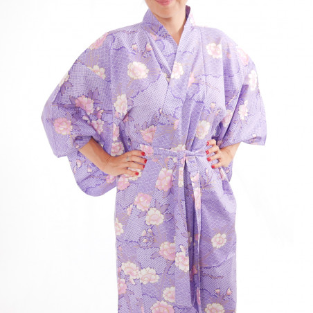 Kimono Yukata Púrpura Japonés En Algodón, SAKURAGUMO, flores de cerezo y nubes