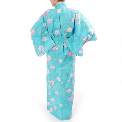 kimono yukata traditionnel japonais turquoise en coton fleurs de cerisiers sakura sur motifs nuages pour femme