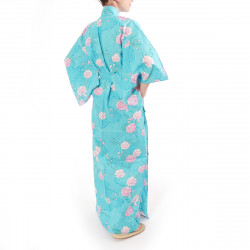 kimono yukata traditionnel japonais turquoise en coton fleurs de cerisiers sakura sur motifs nuages pour femme