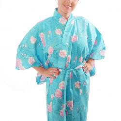 kimono giapponese yukata in cotone turchese, SAKURAGUMO, fiori di ciliegio e nuvole