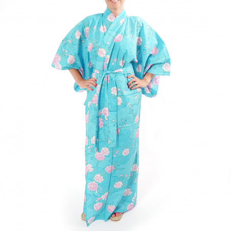 kimono giapponese yukata in cotone turchese, SAKURAGUMO, fiori di ciliegio e nuvole