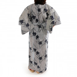 Yukata Japonés Kimono Azul Gris Algodón, SHIBORI, rayas y flores de iris