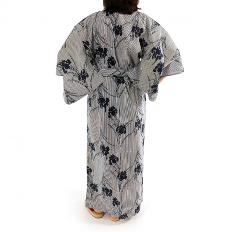 japanische Yukata Kimono blau graue Baumwolle, SHIBORI, Streifen und Iris Blumen