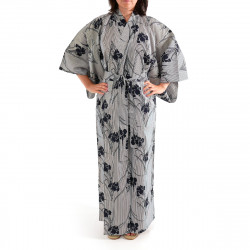 Japanese traditional blue grey cotton yukata kimono iris and stripes for ladies