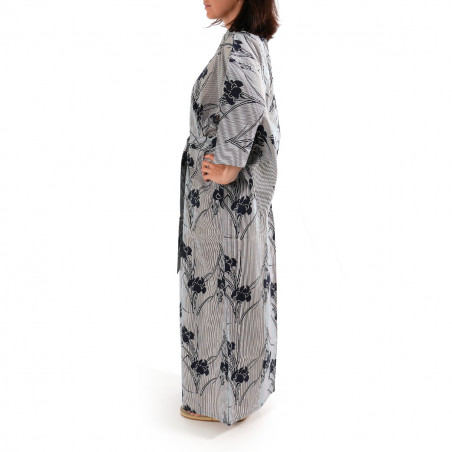 kimono giapponese yukata in cotone grigio blu, SHIBORI, strisce e fiori di iris