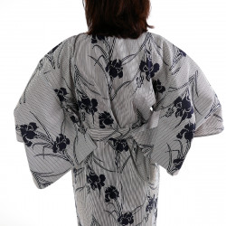 kimono giapponese yukata in cotone grigio blu, SHIBORI, strisce e fiori di iris