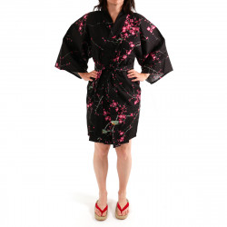 hanten kimono traditionnel japonais noir en coton oiseau et fleurs prune pour femme