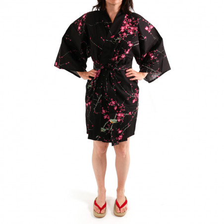 hanten kimono giapponese in cotone nero, TORIUME, fiori di uccello e prugna