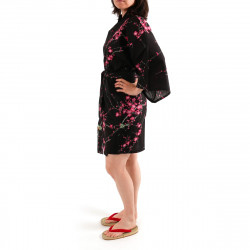 hanten kimono japonés algodón negro, TORIUME, flor de ave y ciruelo