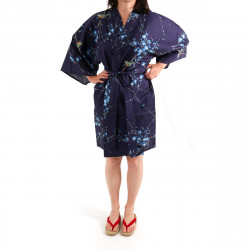 Hanten kimono de algodón japonés azul, TORIUME, flor de ave y ciruelo