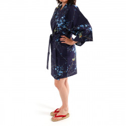 Japanese traditional blue navy cotton hanten kimono plum and bush warbler for ladies