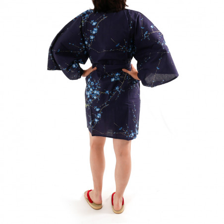 hanten japanische baumwolle kimono blau, TORIUME, Vogel- und Pflaumenblüten