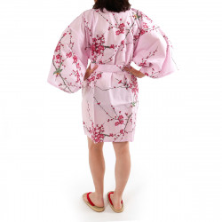 hanten kimono japonés algodón rosa, TORIUME, flor de ave y ciruelo