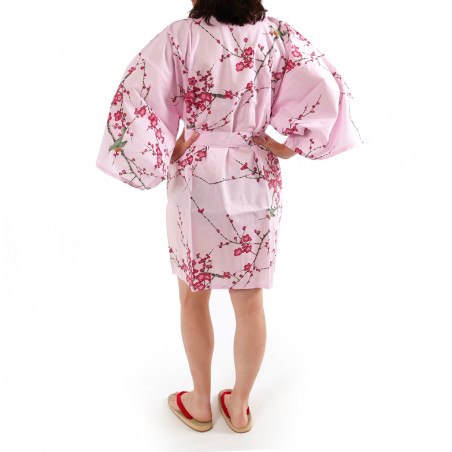 hanten kimono traditionnel japonais rose en coton oiseau et fleurs prune pour femme