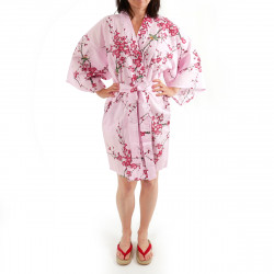 hanten kimono traditionnel japonais rose en coton oiseau et fleurs prune pour femme