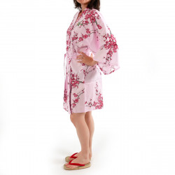 hanten kimono japonés algodón rosa, TORIUME, flor de ave y ciruelo