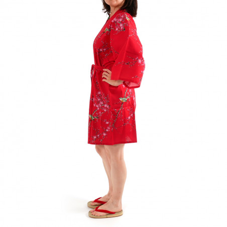 hanten kimono japonés algodón rojo, TORIUME, flor de ave y ciruelo