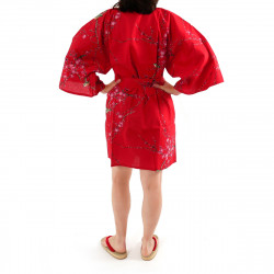 hanten kimono giapponese in cotone rosso, TORIUME, fiori di uccello e prugna