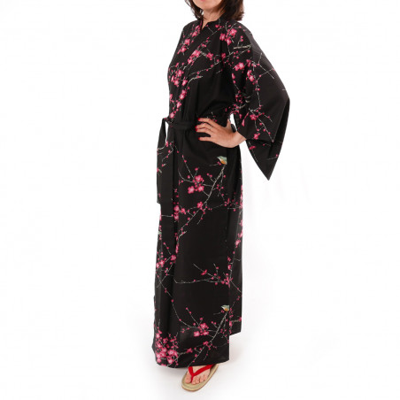 japanischer Yukata Kimono aus schwarzer Baumwolle, TORIUME, Vogel- und Pflaumenblüten