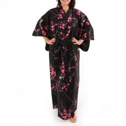 kimono yukata traditionnel japonais noir en coton oiseau et fleurs prune pour femme