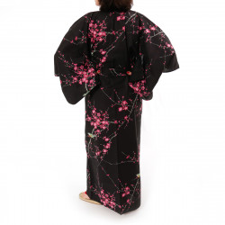 japanischer Yukata Kimono aus schwarzer Baumwolle, TORIUME, Vogel- und Pflaumenblüten