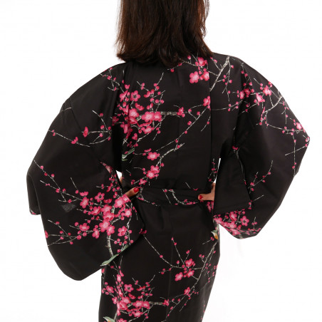 kimono giapponese yukata in cotone nero, TORIUME, fiori di uccello e prugna