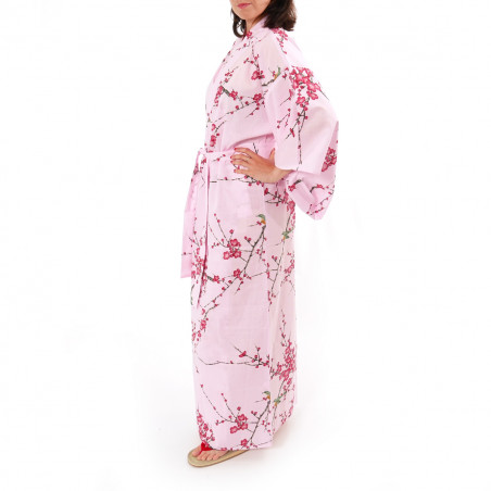 Yukata Japonés Kimono Rosa Algodón, TORIUME, flor de ave y ciruelo