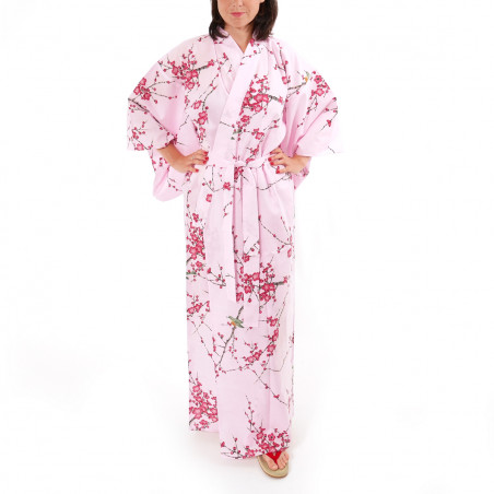 japanische Yukata Kimono rosa Baumwolle, TORIUME, Vogel- und Pflaumenblüten