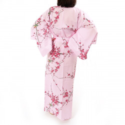 kimono yukata traditionnel japonais rose en coton oiseau et fleurs prune pour femme