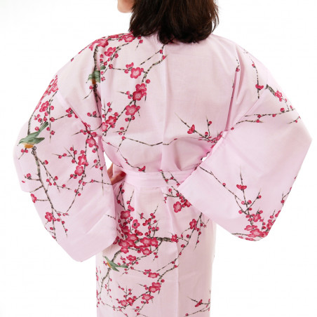 Yukata Japonés Kimono Rosa Algodón, TORIUME, flor de ave y ciruelo