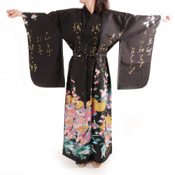 Kimono noir traditionnel japonais pour femme poèmes brillants et princesses