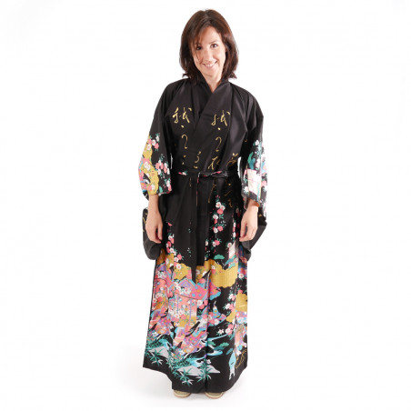 Japanese traditional black kimono gilt poem and princess for ladies